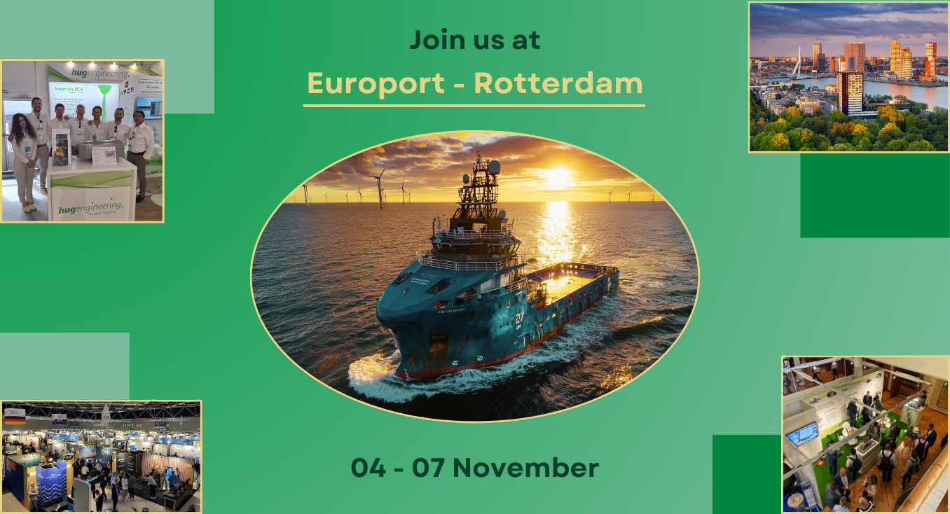 Hug Engineering booth at Europort Rotterdam showcasing marine exhaust aftertreatment systems for workboats
